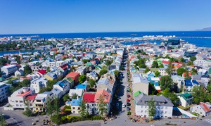 Beautiful super wide-angle aerial view of Reykjavik, Iceland wit